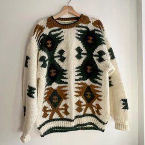 80s Hand knit Western Knit Sweater | Earth tone Aztec Pattern Crewneck